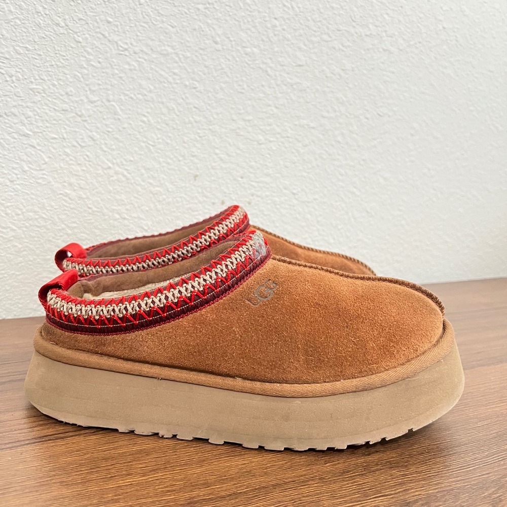 UGG Tazz Platform Suede Slippers Chestnut Red Tasman Braid 1122553 Womens 8 1/2